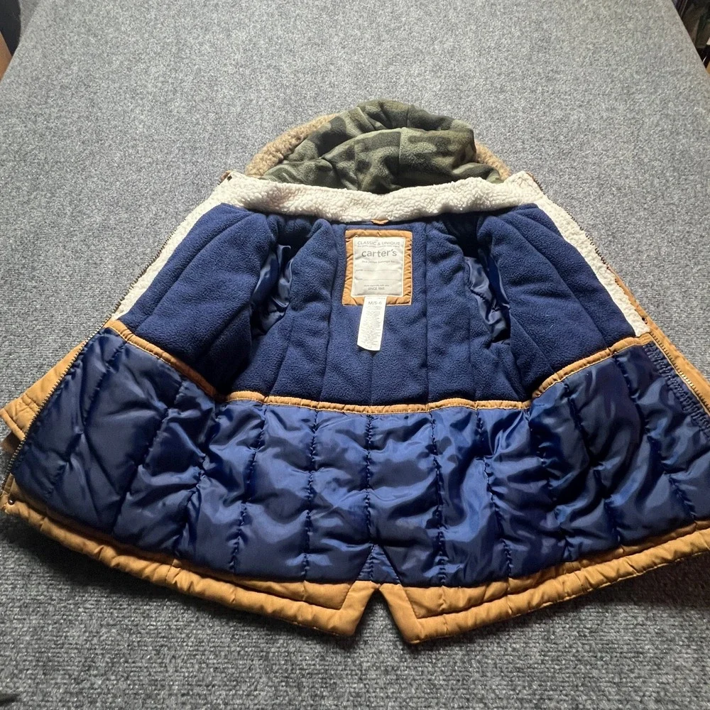 Carters Boys Heavyweight Parka Jacket Tan Brown Faux Fur Hood Size M 5-6
